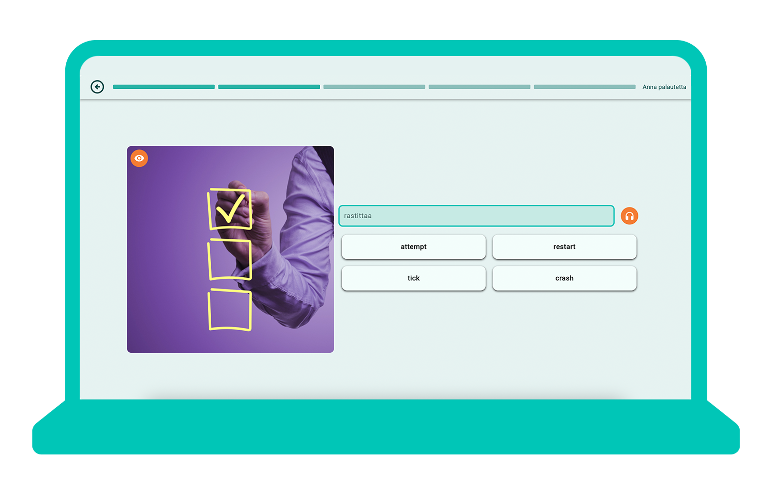 Piirroskuva läppäristä, jonka näytöllä on auki WordDiven sanastoharjoitus.