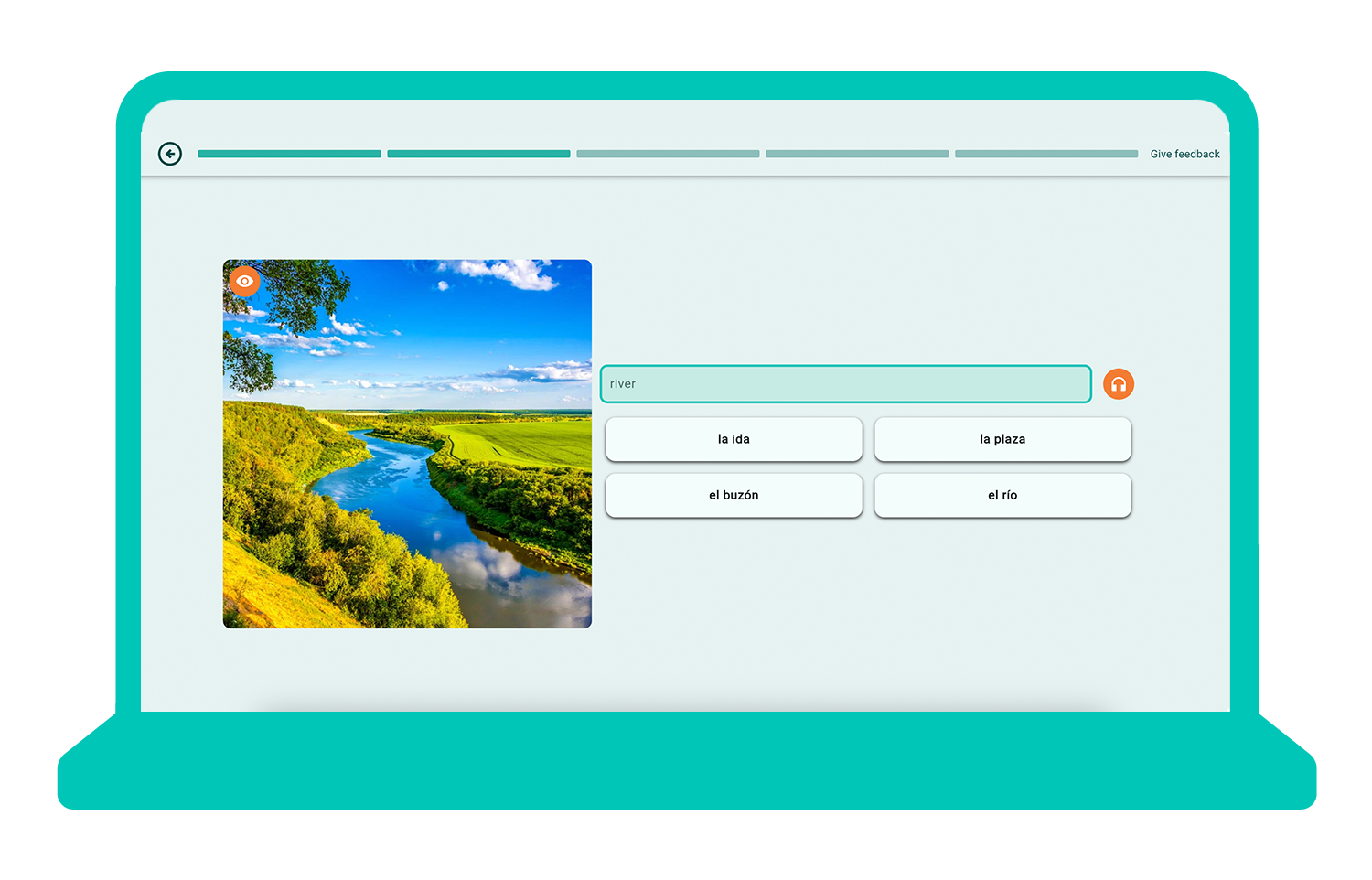 Photo of a laptop with a WordDive vocabulary exercise open on the screen.